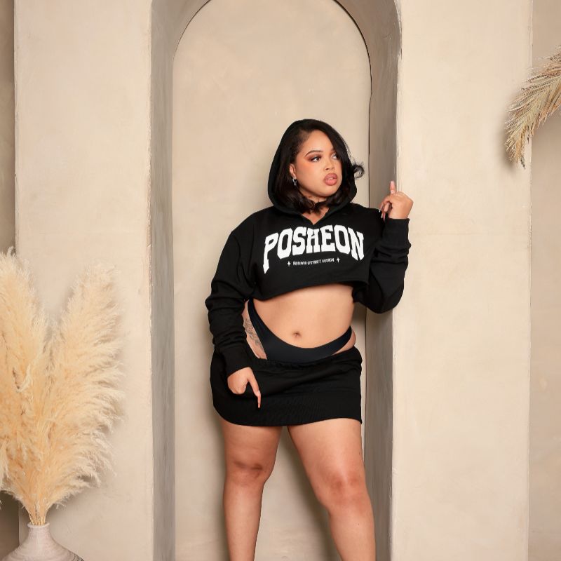 Essential Cropped Hoodie Skirt Set (Black)