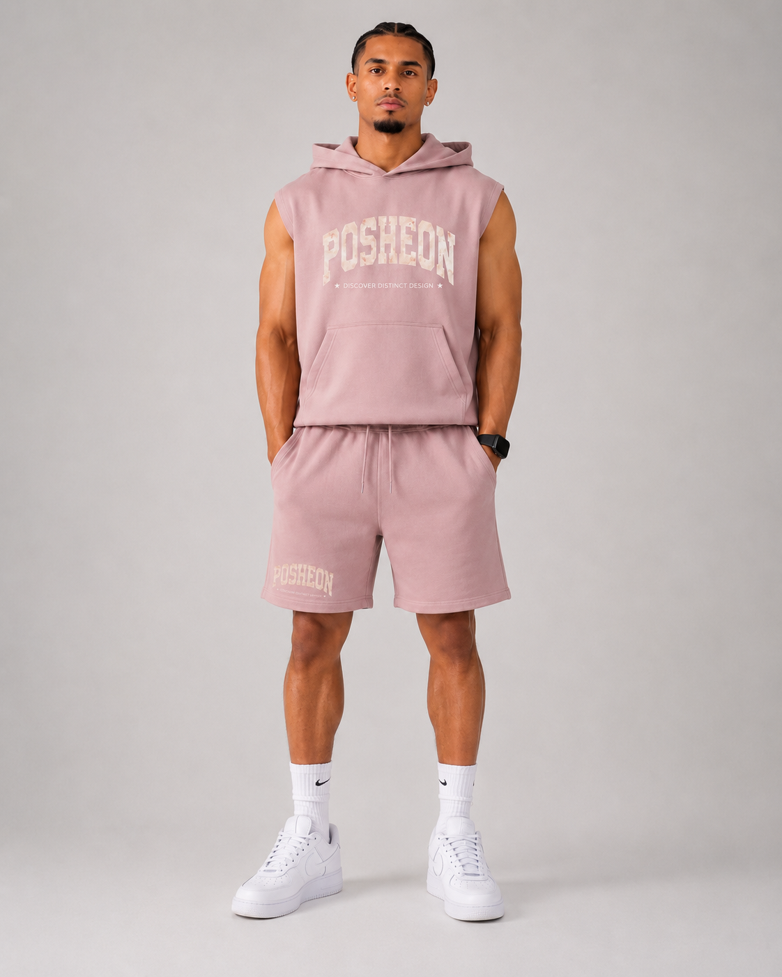 FLORAL Logo Print Unisex Sleeveless Hoodie & Shorts Set -PINK