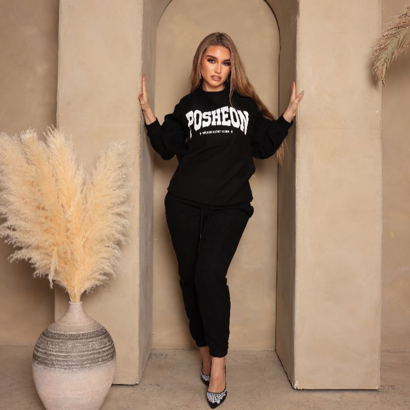 Essentials – 11OZ Lightweight Fleece Crewneck- BLACK POSHEON PRINT
