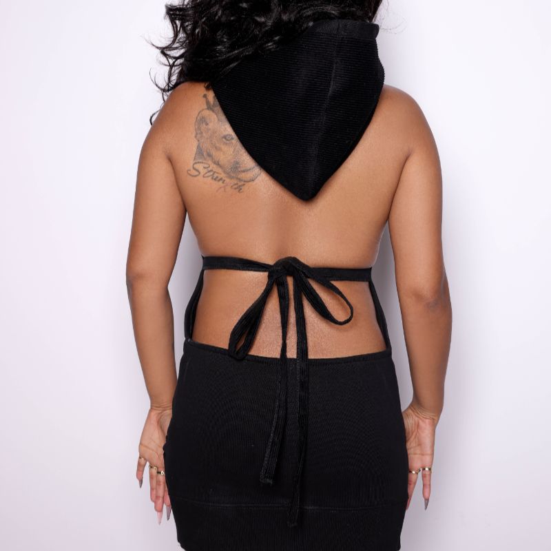 Posheon Prestige Backless Hoodie Mini Dress